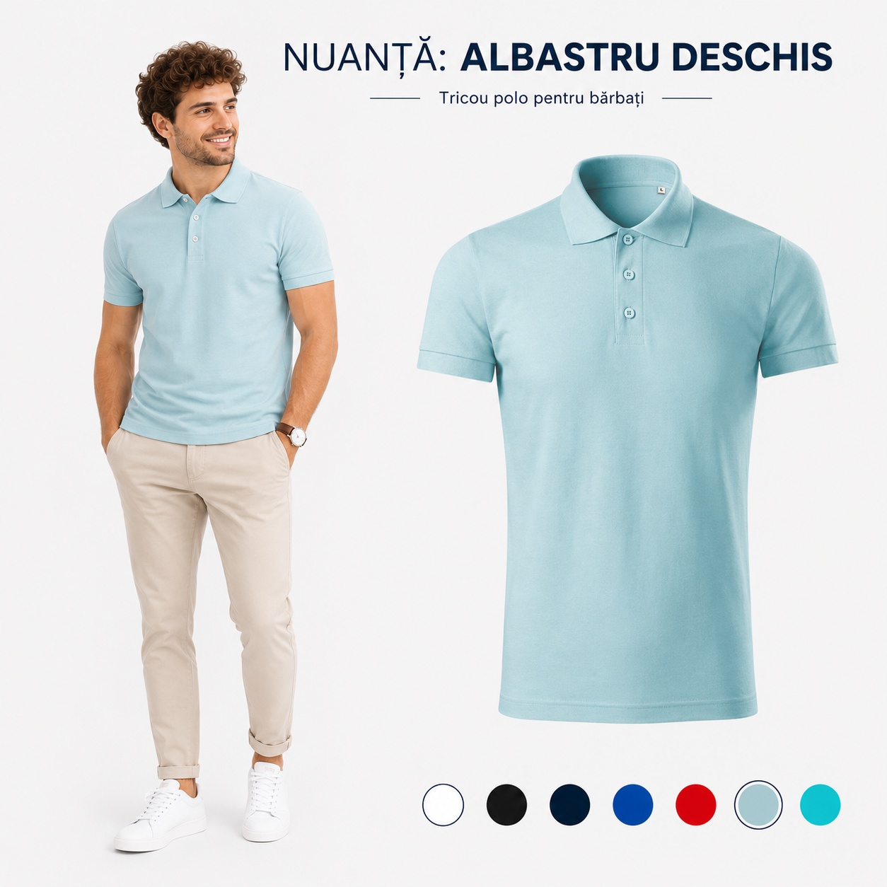 Tricou polo bărbați nuanță albastru deschis, croială masculină confortabilă
