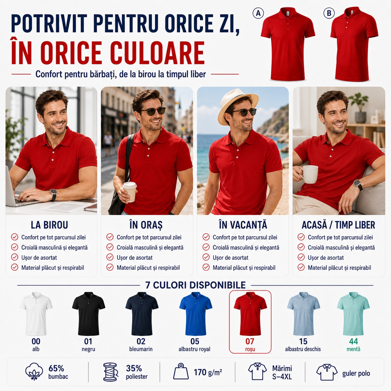 Tricou polo bărbați potrivit pentru birou, oraș, vacanță și timp liber