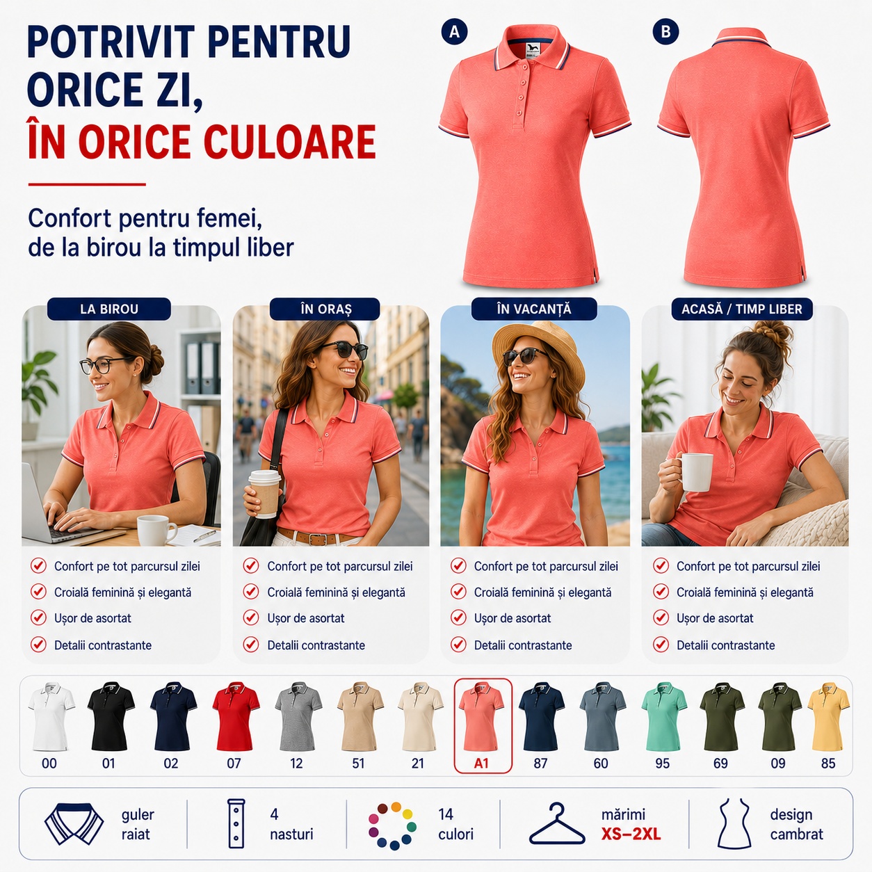 Polo damă potrivit pentru birou oraș vacanță și timp liber