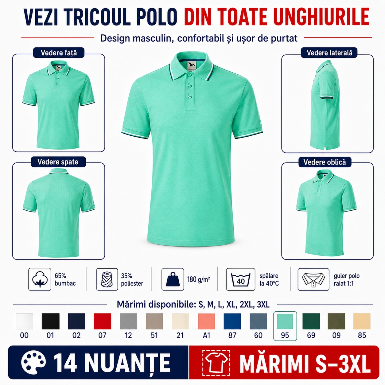 Tricou polo Malfini Focus văzut din față, lateral, spate și oblic, design masculin confortabil