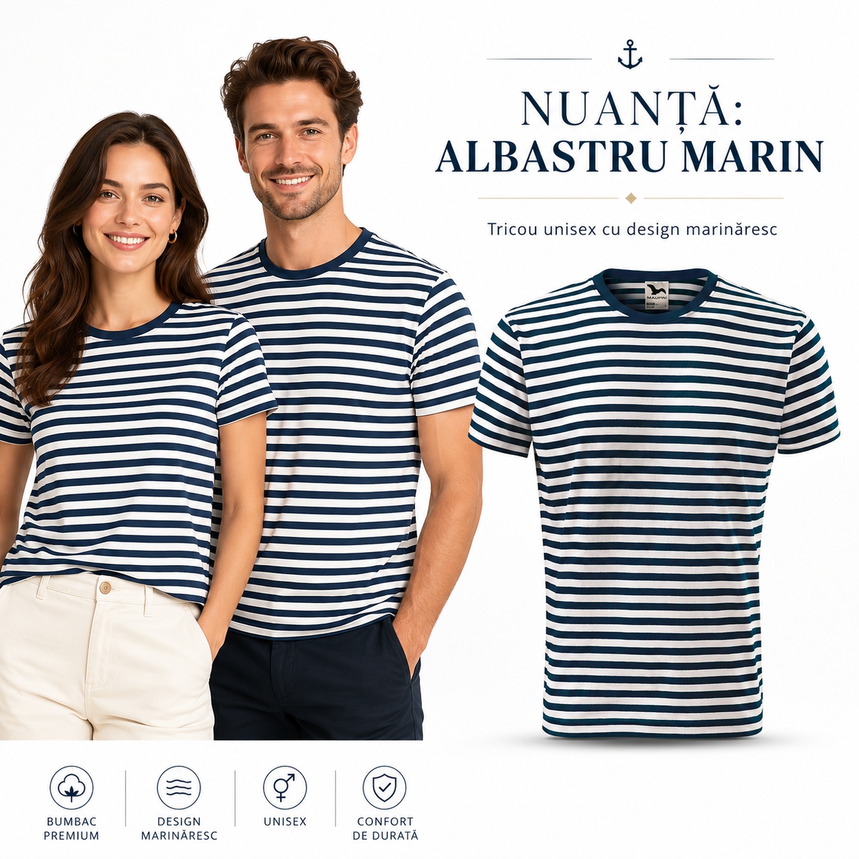 Malfini 803 Sailor – tricou unisex tip marinăresc Tricou unisex damă și bărbat Malfini 803 Sailor, tip marinăresc, albastru marin