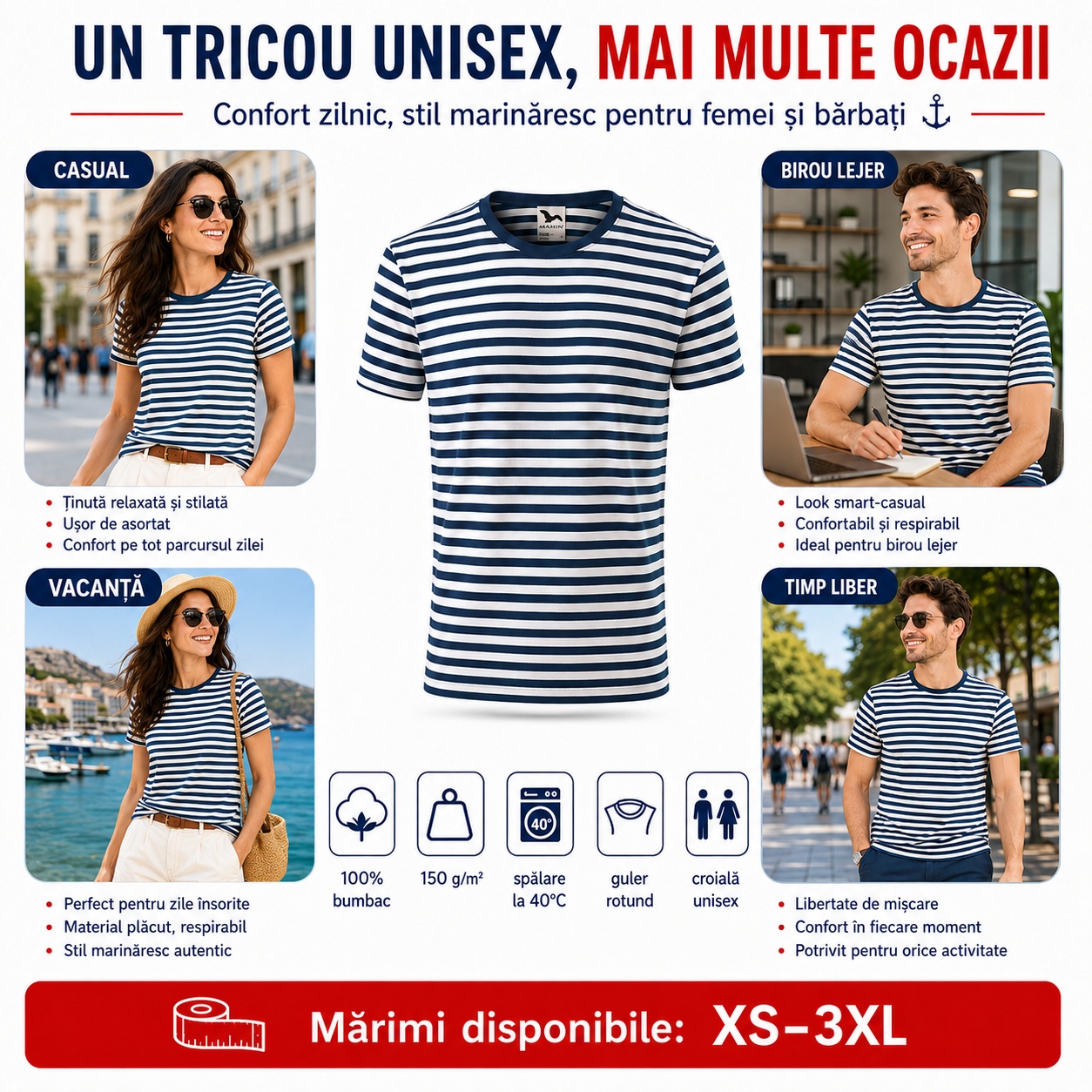 Ocazii de purtare pentru tricoul marinăresc Tricou marinăresc unisex purtat casual, la birou, în vacanță și în timpul liber
