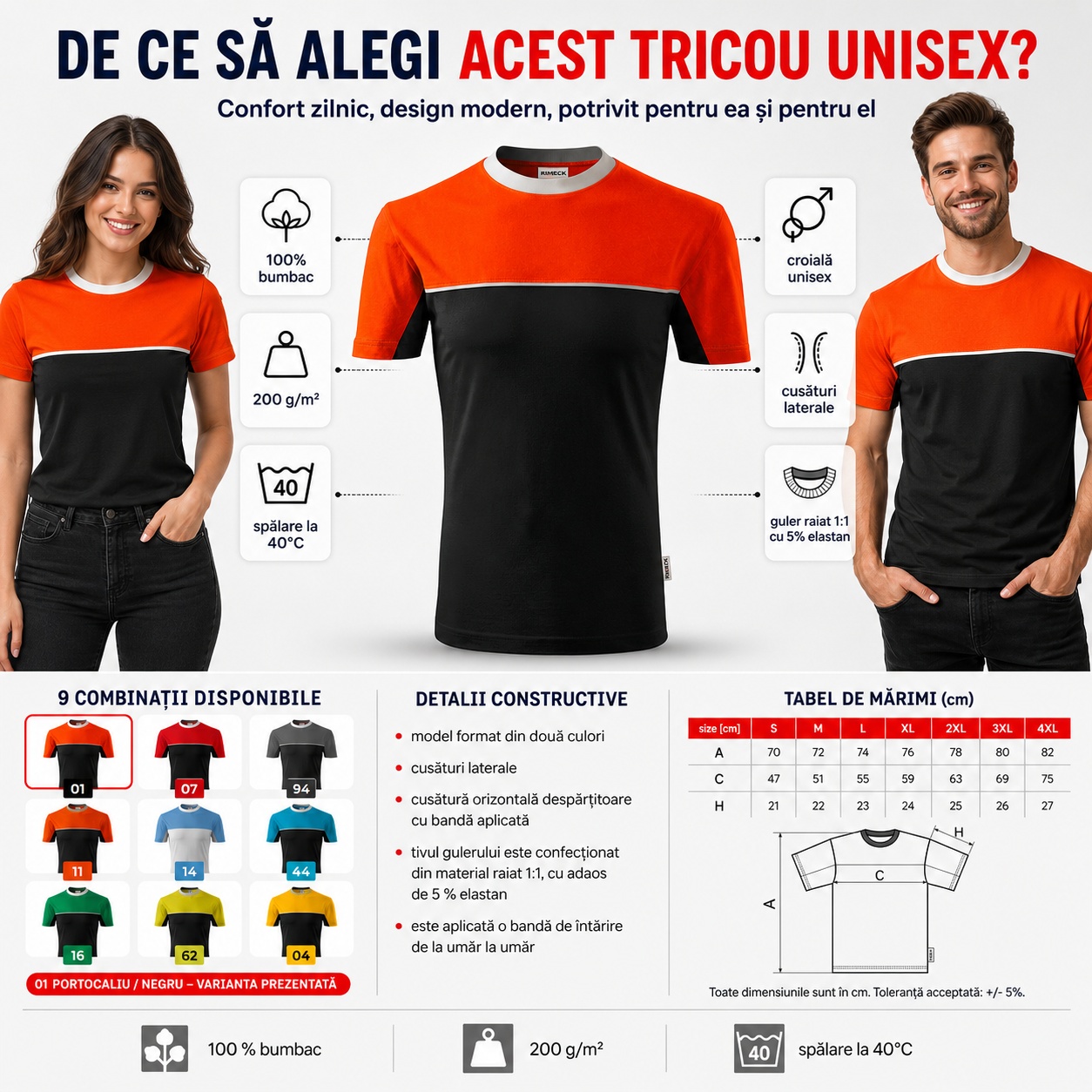 De ce să alegi tricoul unisex Rimeck 109 Colormix Avantajele tricoului unisex Rimeck 109 Colormix și tabelul de dimensiuni S până la 4XL