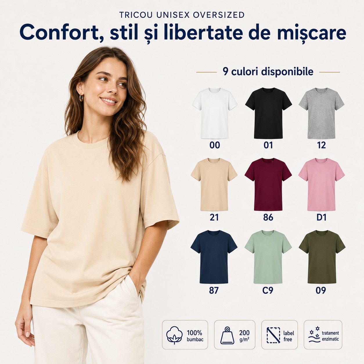 Tricou unisex oversized - confort, stil și libertate de mișcare Tricou unisex oversized confort stil libertate de mișcare 9 culori disponibile 100% bumbac 200 g/mp