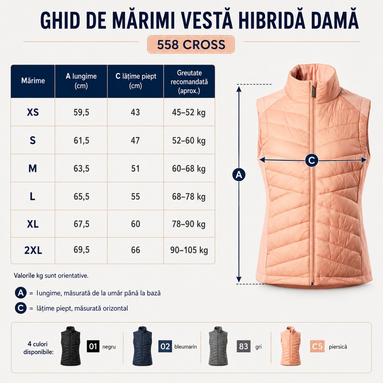 Vestă matlasată damă Cross 558 ghid dimensiuni