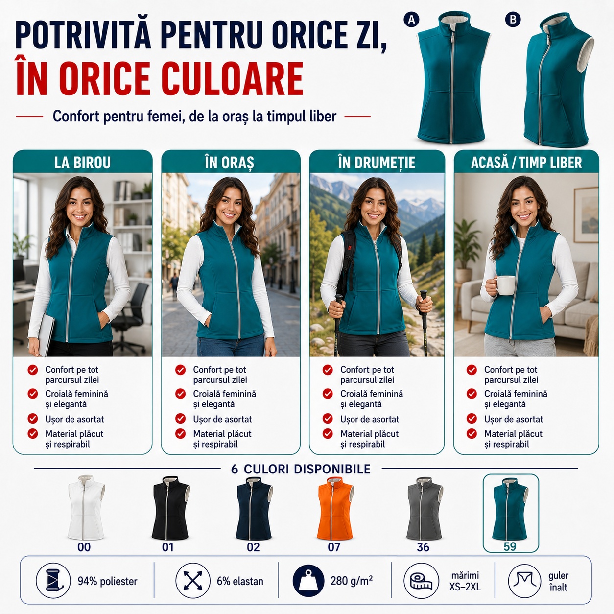 Vision 516 – vestă femei în 6 variante cromatice Vestă damă fără mâneci Vision 516 în diferite culori