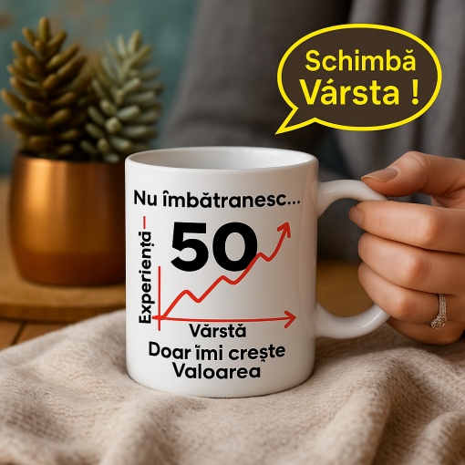 Cana cadou zi de nastere cu textul Nu imbatranesc doar imi creste Valoarea