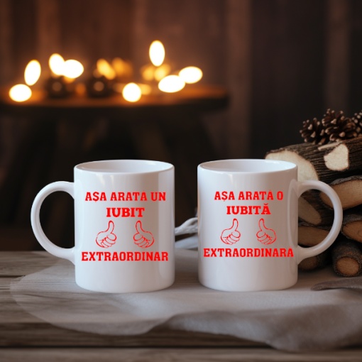 Set 2 cani albe personalizate pentru cupluri Asa arata un iubit / o iubita extraordinara