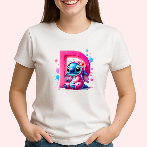 Tricou Alfabet Litera D cu Stitch Roz fericit, explozie de culori, Alb, Unisex Dama si Barbat | Copii