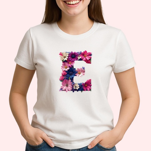 Tricou Alfabet Litera E cu flori, margarete, flori colorate, Alb, Unisex Dama si Barbat | Copii