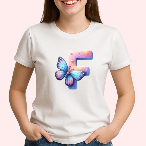 Tricou Alfabet Litera F cu fluturi colorati, stele aurii, flori colorate, Alb, Unisex Dama si Barbat | Copii