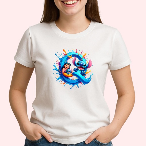 Tricou Alfabet Litera Q cu Lilo si Stitch albastru, veselie mare, Alb, Unisex Dama si Barbat | Copii