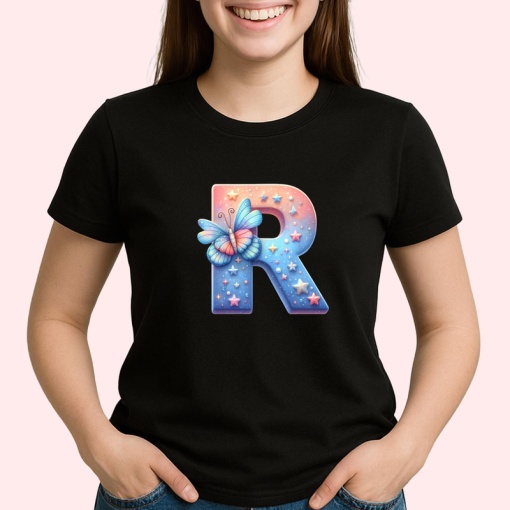 Tricou Alfabet Litera R cu fluturi colorati, stele aurii, flori colorate, Negru, Unisex Dama si Barbat | Copii