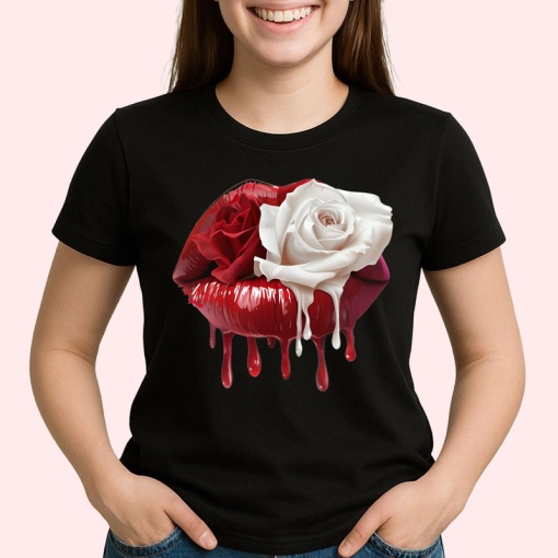Tricou Buze femeie rosu inchis cu trandafir alb cremos, Lip gloss, Copii | Dama, culoare negru