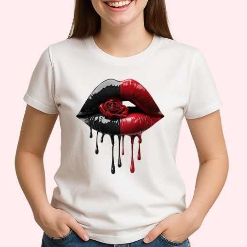 Tricou Buze femeie rosu si negru cu trandafir central, Lip gloss, Copii | Dama