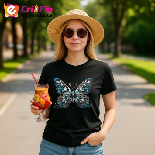 Tricou Fluture albastru cu accente argintii design regal Copii | Dama | Barbat, negru
