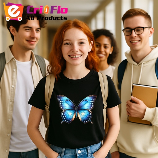 Tricou Fluture albastru intens cu accente aurii si margini negre Copii | Dama | Barbat, negru