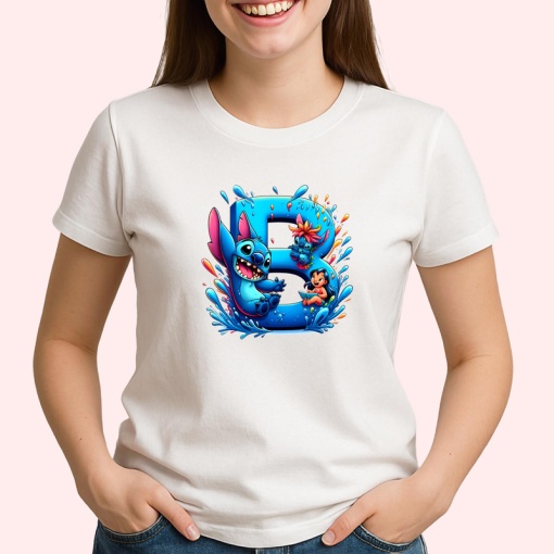 Tricou Alfabet Litera B cu Lilo si Stitch albastru, veselie mare, Alb, Unisex Dama si Barbat | Copii