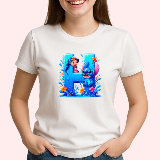 Tricou Alfabet Litera H cu Lilo si Stitch albastru, veselie mare, Alb, Unisex Dama si Barbat | Copii