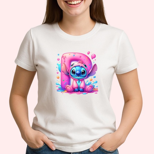 Tricou Alfabet Litera P cu Stitch Roz fericit, explozie de culori, Alb, Unisex Dama si Barbat | Copii