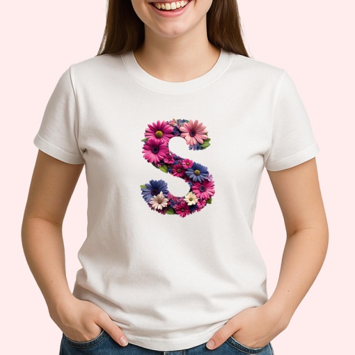 Tricou Alfabet Litera S cu flori, margarete, flori colorate, Alb, Unisex Dama si Barbat | Copii