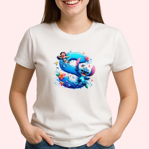 Tricou Alfabet Litera S cu Lilo si Stitch albastru, veselie mare, Alb, Unisex Dama si Barbat | Copii