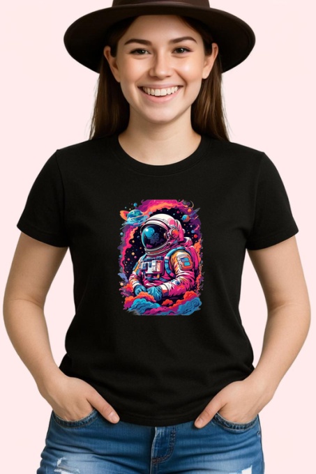Tricou Astronaut colorat in spatiu cu fum roz albastru Copii | Dama | Barbat, culoare negru