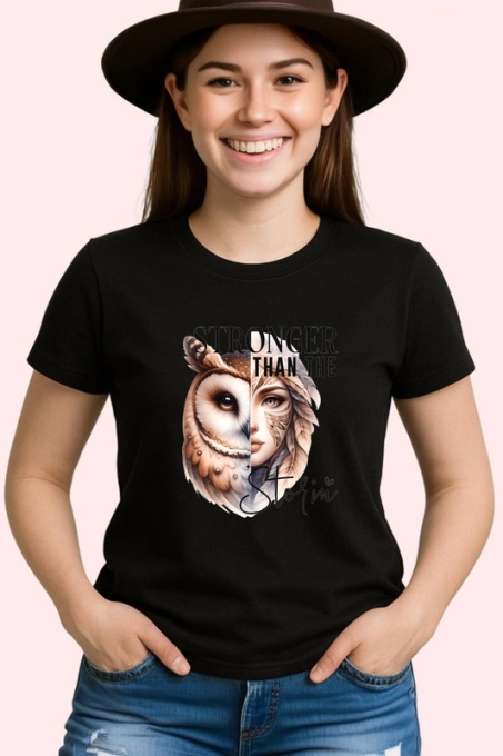 Tricou Bufnita si femeie inteleapta mesaj motivational stronger than the storm Copii | Dama | Barbat, negru