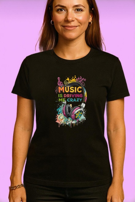 Tricou Music Is Driving Me Crazy Casti, Copii | Dama | Barbat, culoare negru