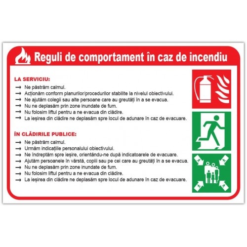 Indicator Cu reguli de comportament in caz de incendiu, Sticker autocolant