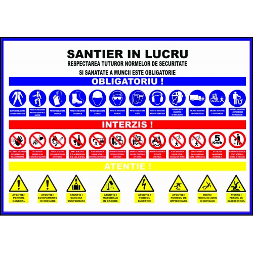 Indicator Panou santier in lucru respectarea tuturor normelor de securitatea si sanatatea a muncii este obligatorie, Sticker autocolant