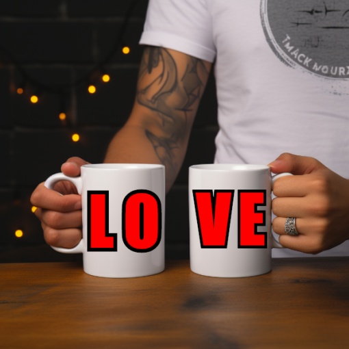 Set 2 cani albe personalizate pentru cupluri LO VE iubire mare
