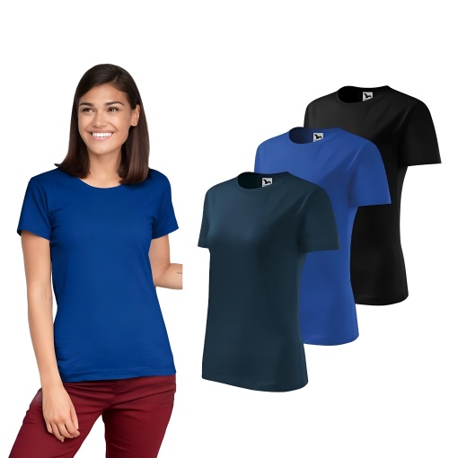 Set 3 tricouri dama simple bumbac 100%, casual clasic pentru femei multicolor, albastru marin, albastru regal, negru, 133