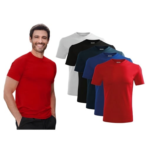 Set 5 tricouri bumbac 100% simplu clasic unisex, Alb, Negru, Albastru Marin, Rosu, Albastru