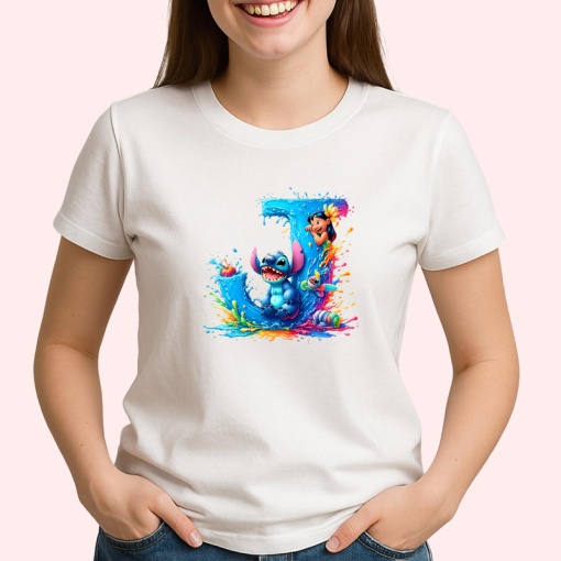 Tricou Alfabet Litera J cu Lilo si Stitch albastru, veselie mare, Alb, Unisex Dama si Barbat | Copii
