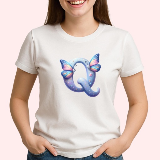 Tricou Alfabet Litera Q cu fluturi colorati, stele aurii, flori colorate, Alb, Unisex Dama si Barbat | Copii