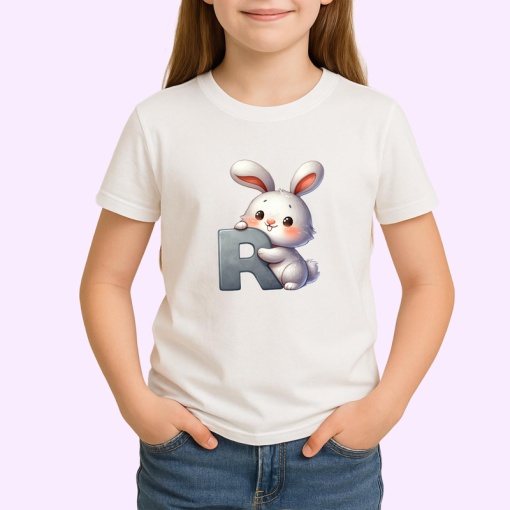 Tricou Alfabet Litera R cu animal Rabbit Iepure , Alb, Unisex Dama si Barbat | Copii