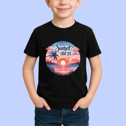 Tricou Apus cu palmieri text sunset chaser atmosfera romantica de vacanta Copii | Dama | Barbat, negru