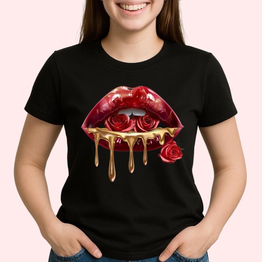 Tricou Buze femeie rosii cu trandafir si picaturi aurii, Lip gloss, Copii | Dama, culoare negru