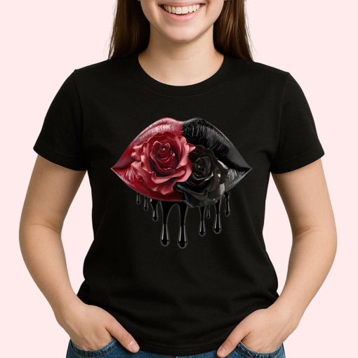 Tricou Buze femeie rosii si negre cu trandafir bicolor, Lip gloss, Copii | Dama, culoare negru