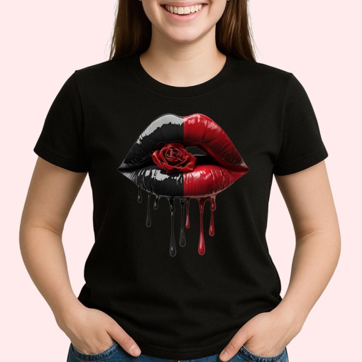 Tricou Buze femeie rosu si negru cu trandafir central, Lip gloss, Copii | Dama, culoare negru