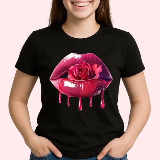 Tricou Buze femeie roz intens cu trandafir rosu si roz, Lip gloss, Copii | Dama, culoare negru