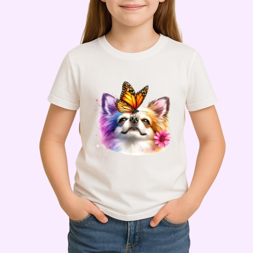 Tricou Chihuahua alb cu fluture portocaliu pe cap design de poveste Copii | Dama | Barbat Barbat