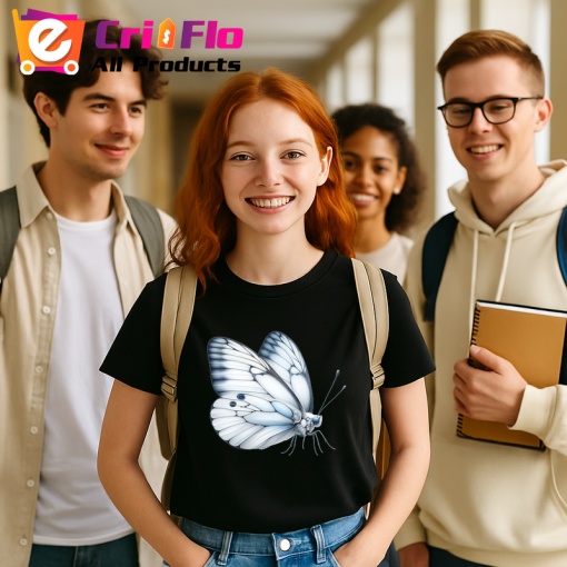 Tricou Fluture alb sidefat cu aripi rotunjite simplu si delicat Copii | Dama | Barbat, negru