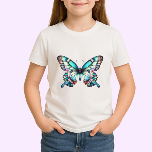 Tricou Fluture albastru pastel cu buline pe aripi design decorativ Copii | Dama | Barbat Barbat