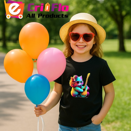 Tricou Pisicuta curcubeu cu chitara fundal alb Copii | Dama | Barbat, culoare negru