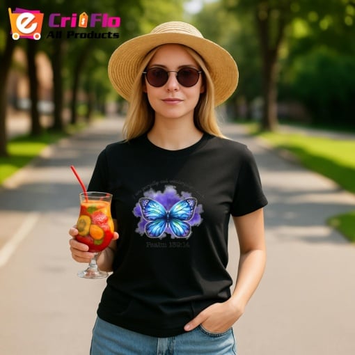 Tricou Psalm 139 fluture albastru cu text motivant crestin Copii | Dama | Barbat Barbat