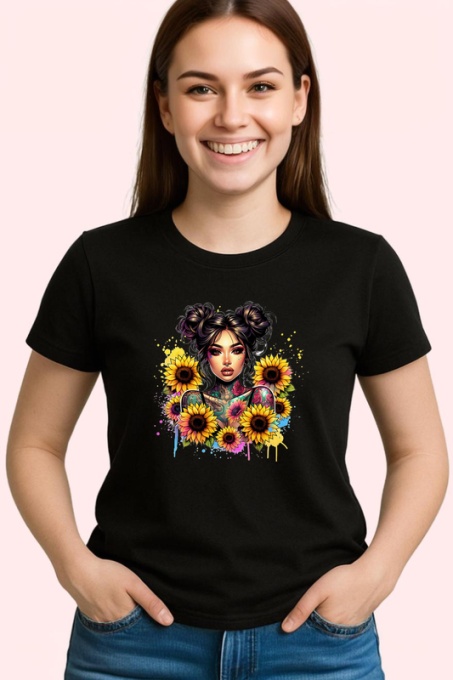 Tricou Space buns girl sunflower burst, fata cu cocuri si floarea soarelui exploziva, Copii | Dama | Barbat , tricou negru