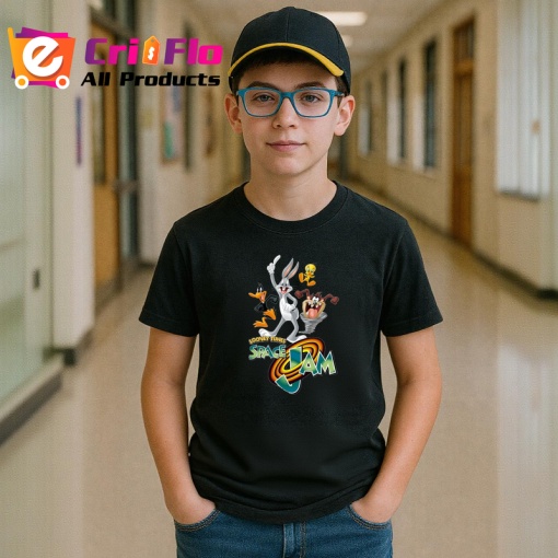 Tricou Space Jam Bugs Bunny si echipa sa in meci de baschet spatial, Copii | Dama | Barbat , tricou negru