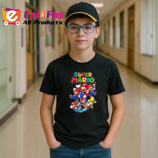 Tricou Super Mario personajele din jocul video in versiune animata, Copii | Dama | Barbat , tricou negru